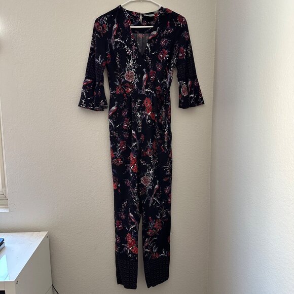 Anthropologie Maeve Espoir Jumpsuit V Neck Floral Bird Print 3/4 Bell Sleeve Mul - Picture 3 of 15